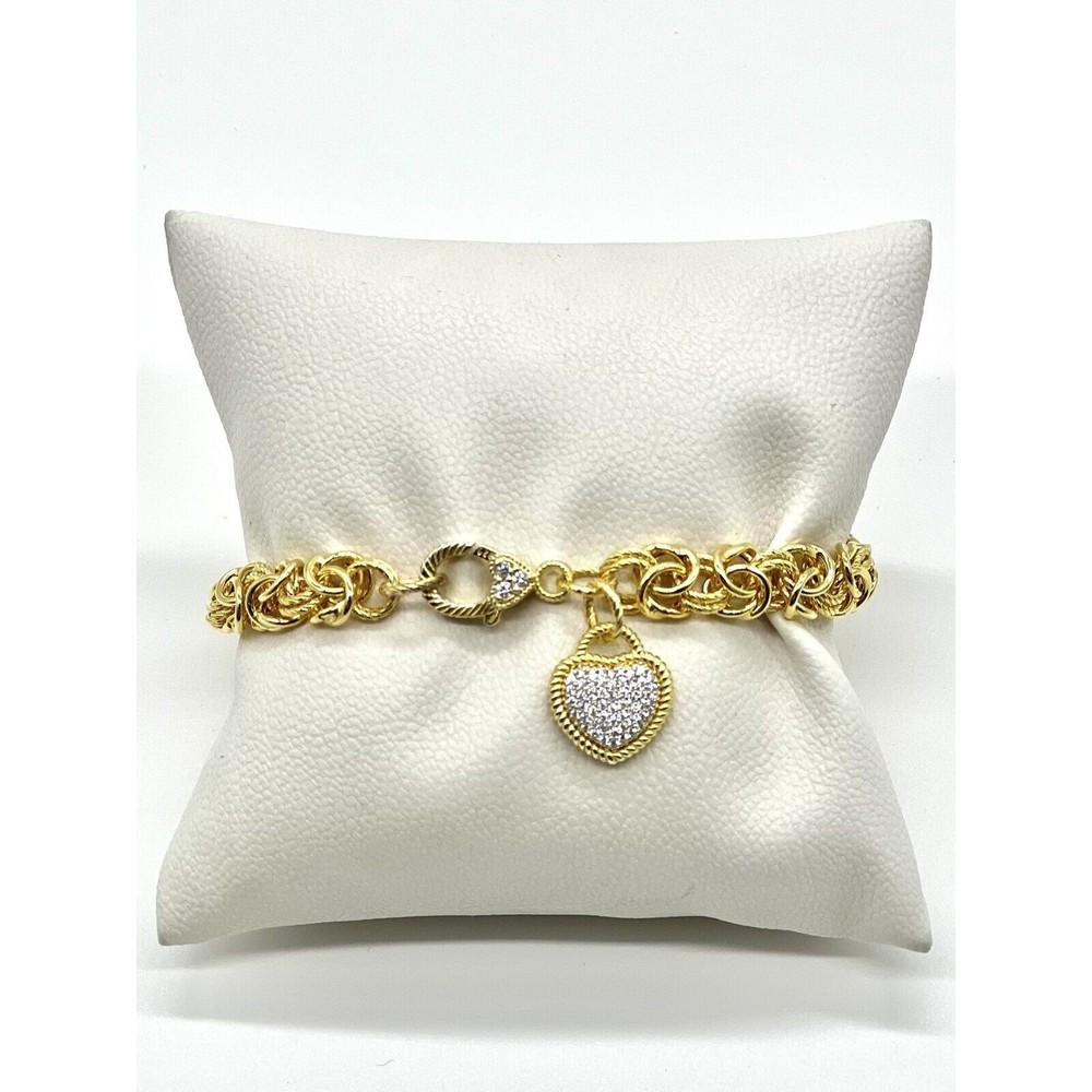 Judith Ripka Sterling Silver Bracelet Gold Clad Byzantine CZ Heart Charm NEW Box